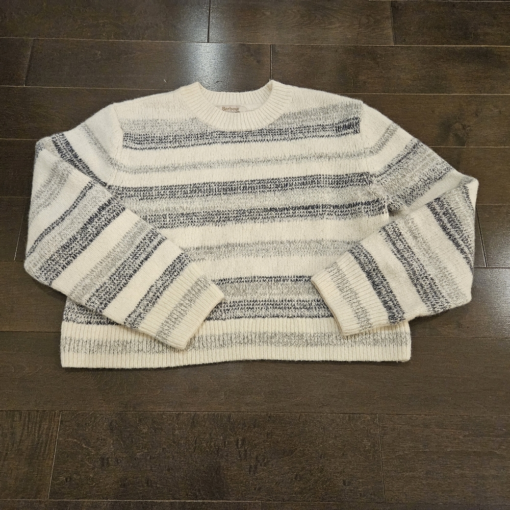 Barbour Ivory Grey Striped Anya Wool Blend Jumper Sweater US12 UK16 Chunky Prep - Picture 2 of 9